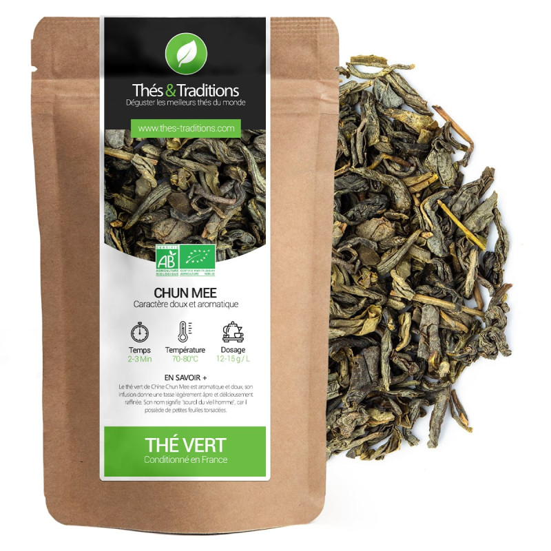 Organic Chun Mee green tea in leaves packaged in kraft bag with green and white label