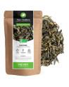 Organic Chun Mee green tea in leaves packaged in kraft bag with green and white label