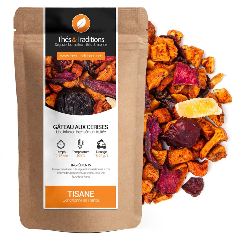 Tisane gâteau aux cerises mélange de fruits séchés pomme raisin ananas betterave rouge