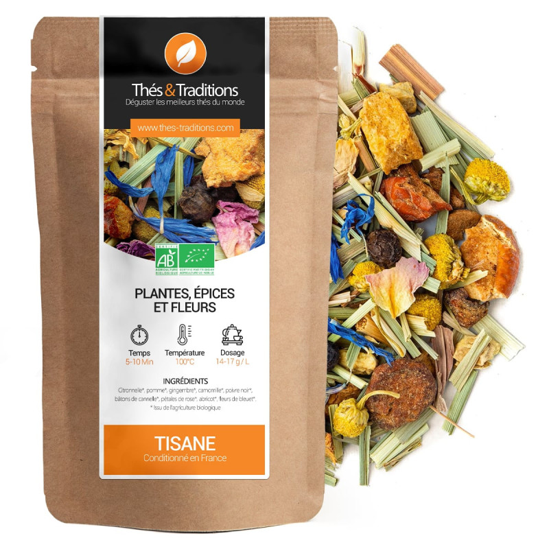 Herbal tea plants spices and flowers kraft bag with colorful dried plant blend