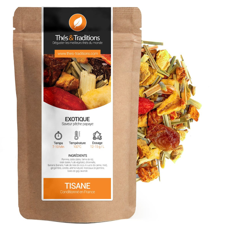 Tisane exotique pêche papaye sachet kraft ingrédients fruits séchés et plantes aromatiques