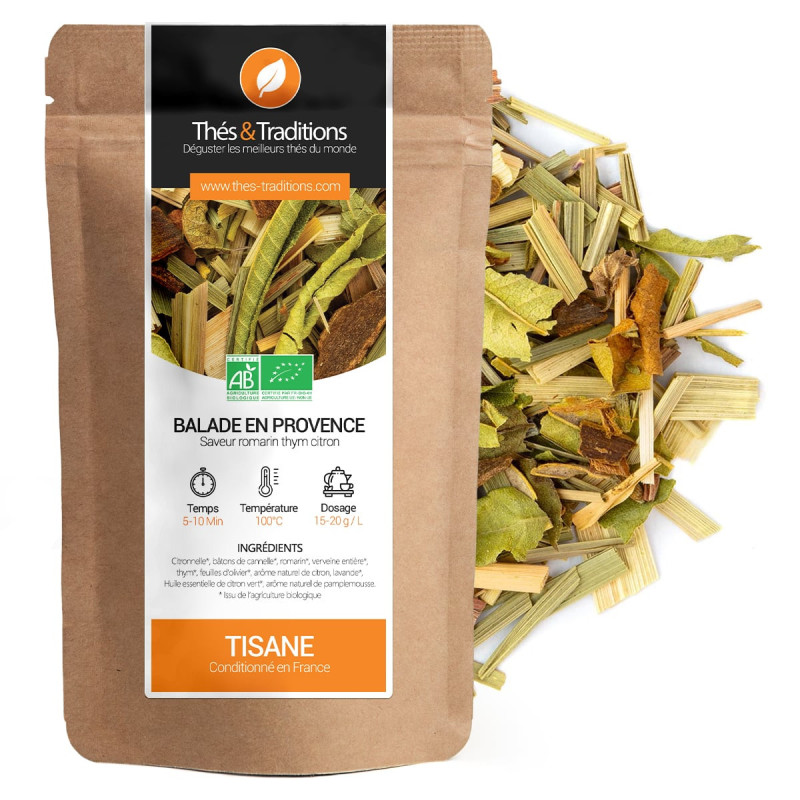 Tisane Balade en Provence saveur romarin thym citron sachet kraft bio et plantes séchées