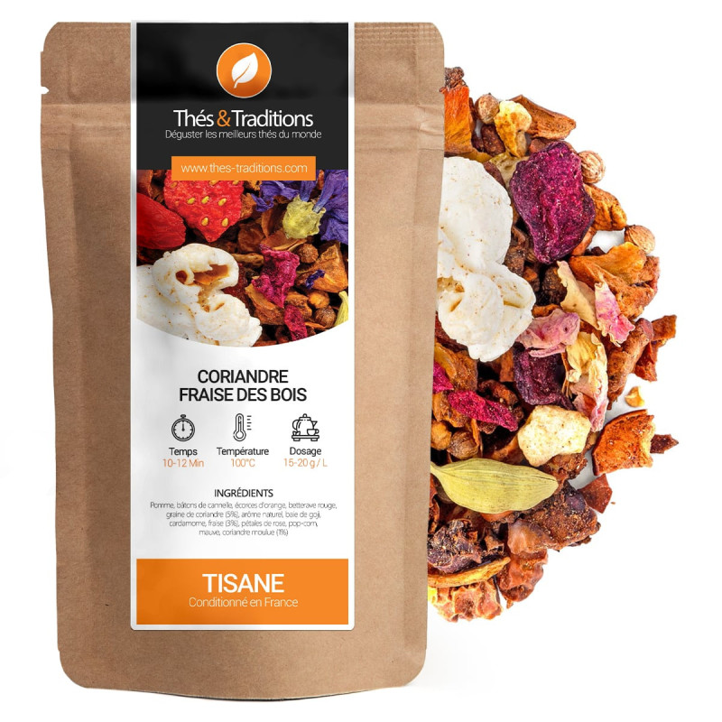 Tisana coriandolo fragola di bosco sacchetto kraft con miscela di frutta e piante essiccate colorate