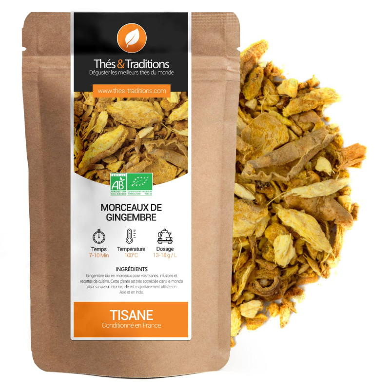 morceaux de gingembre bio pour tisane infusion conditionnés en sachet kraft naturel