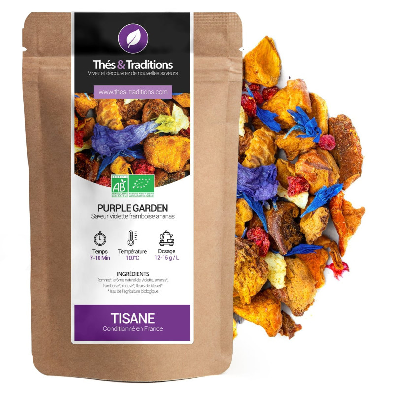 Tisana Purple Garden miscela di frutta secca fiori viola lampone ananas bio