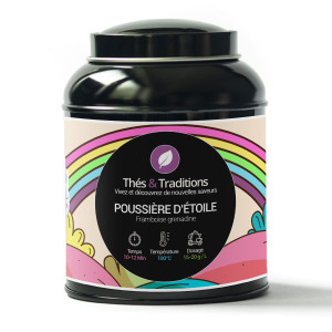Doosje kruidenthee Poussière d'Étoile framboos granaatappel Thés et Traditions met kleurrijke regenboogillustratie