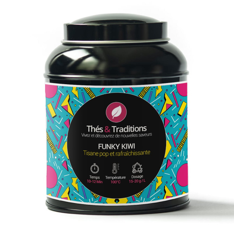 Funky Kiwi herbal tea box Thés et Traditions with colorful label and preparation instructions