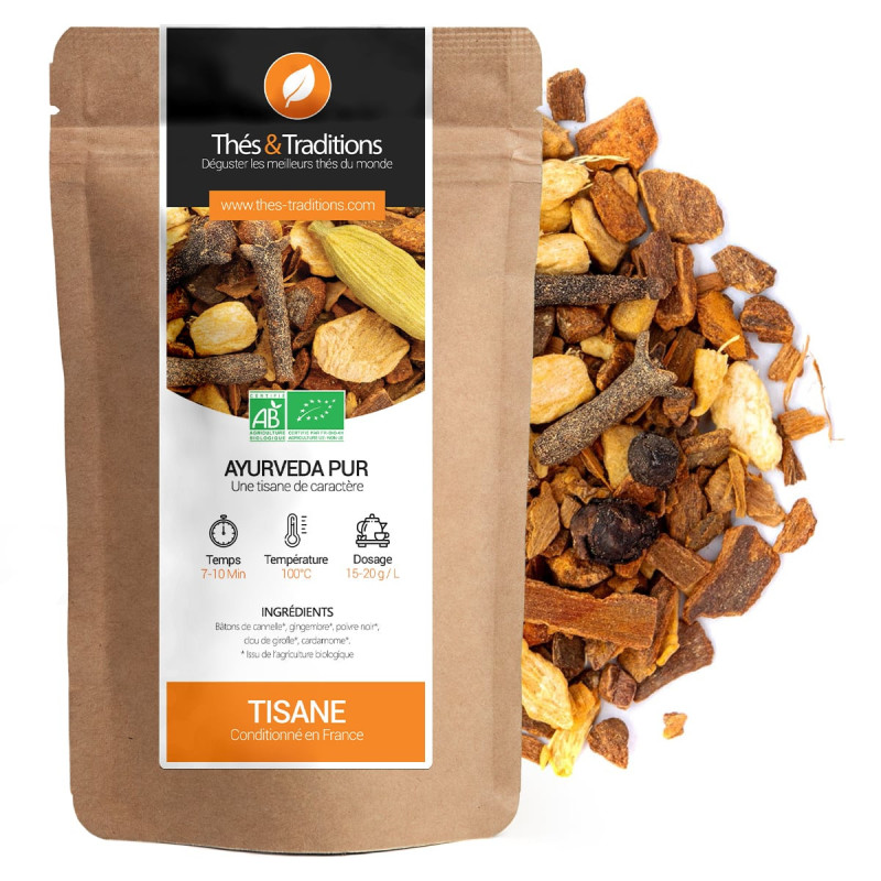 Ayurveda Pure Herbal Tea Thés et Traditions kraft bag natural organic ingredients cinnamon ginger black pepper