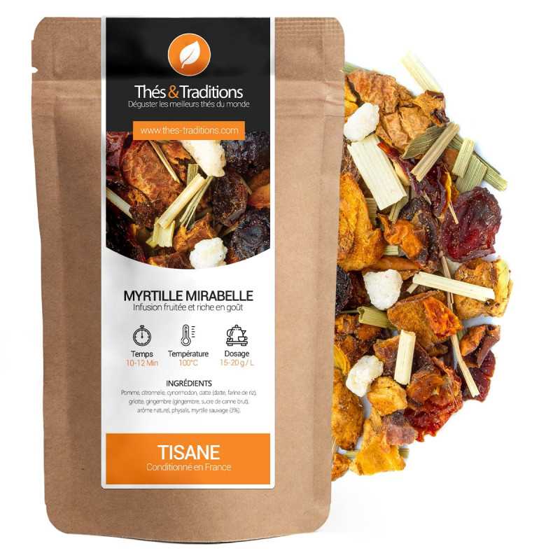 Blueberry Mirabelle herbal tea kraft bag ingredients dried fruits herbs fruity infusion