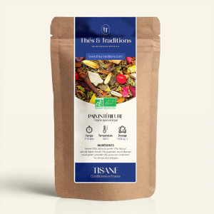 Wiederverschließbarer Kraftpapierbeutel der Kräutertee Paix intérieure, Etikett in Marineblau und Gold von Thés & Traditions, Fe