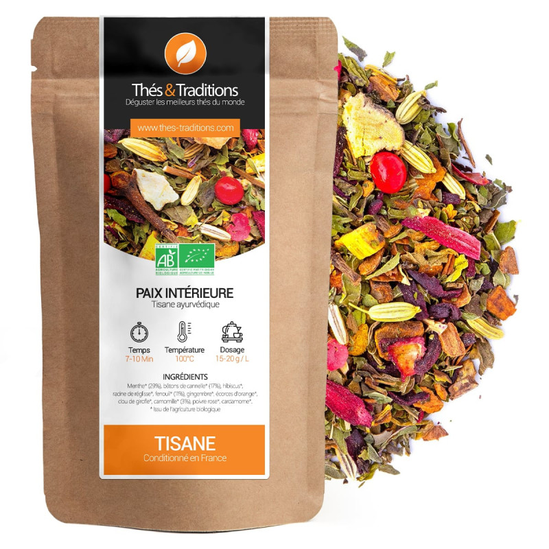 Tisana ayurvedica Paix intérieure ingredienti bio miscela di piante e fiori essiccati sacchetto kraft