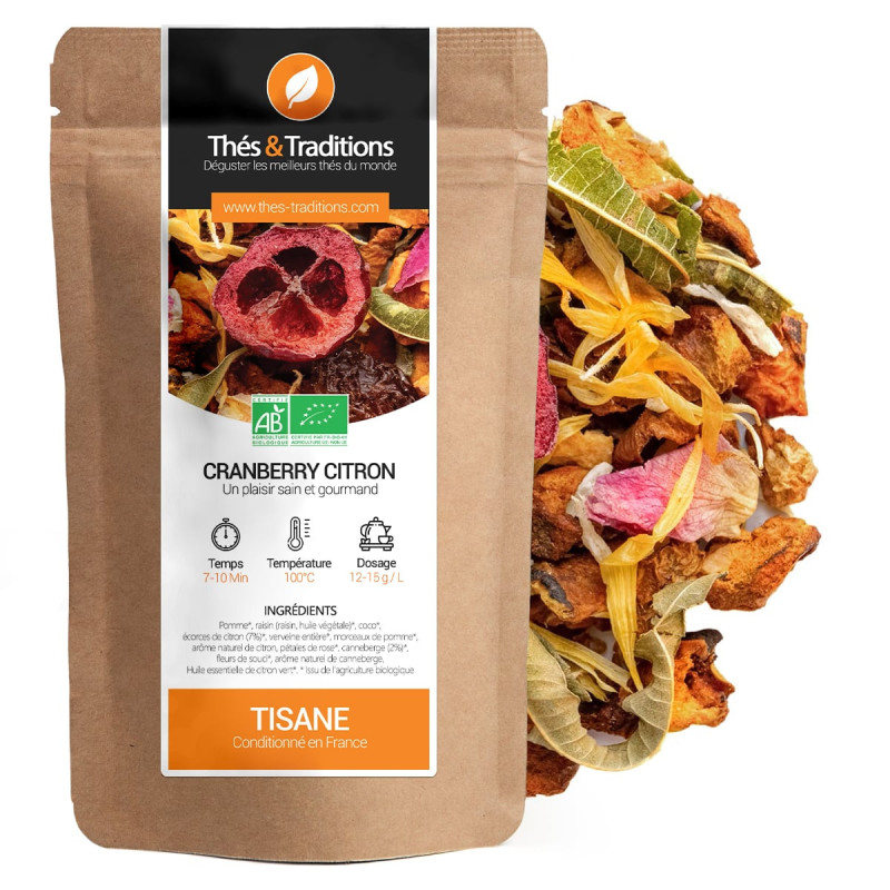 Tisane cranberry citron bio sachet kraft ingrédients fruits et fleurs séchés