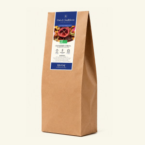 Großer Kraftpapierbeutel mit loser Cranberry-Zitrone-Kräutertee im Kilo-Format, dunkelblau etikettiert von Thés & Traditions, Dr