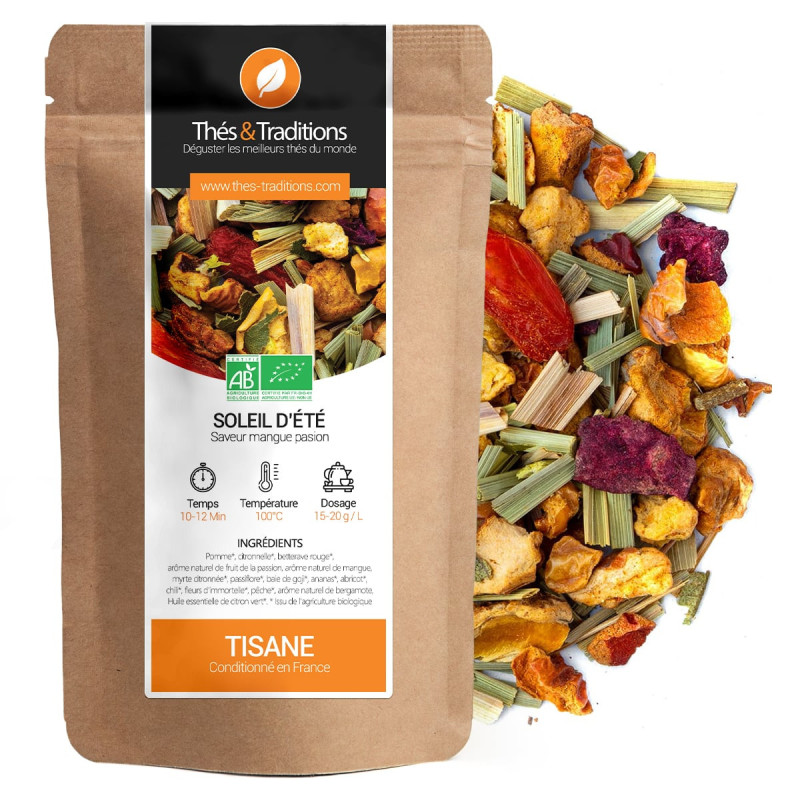 Soleil d'Été herbal tea mango passion flavor blend of organic fruits and plants Thés & Traditions