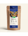 Wiederversiegelbarer Kraftpapierbeutel mit Ayurveda Kapha Kräutertee, Etikett in Marineblau und Gold von Thés & Traditions, Sich