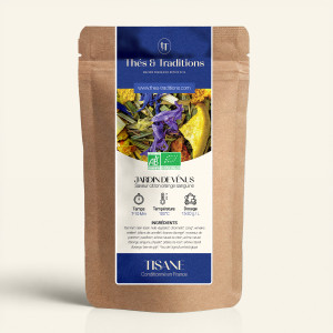 Wiederversiegelbarer Kraftpapierbeutel der Kräutertee Jardin de Vénus, Etikett in Marineblau und Gold von Thés & Traditions, Fen
