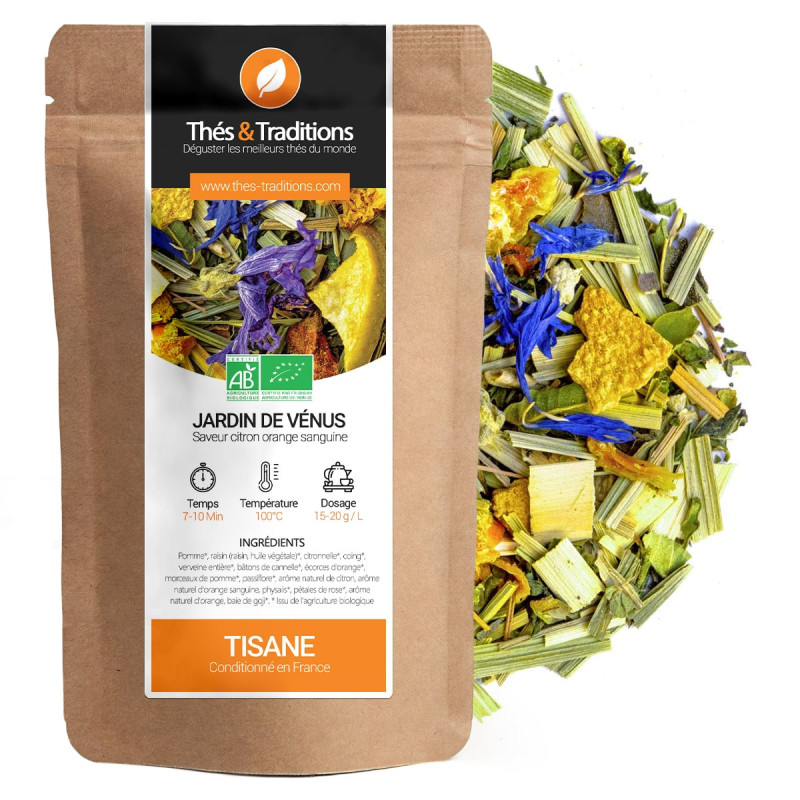 Tisane Jardin de Vénus mélange bio citron orange sanguine fleurs et plantes séchées conditionné en sachet kraft