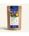 Wiederversiegelbarer Kraftpapierbeutel der Kräutertee Jardin de Vénus, Etikett in Marineblau und Gold von Thés & Traditions, Fen