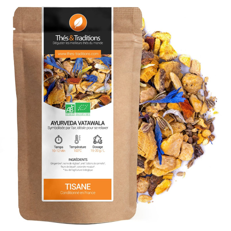 Tisane Ayurveda Vata en sachet kraft avec mélange d'herbes séchées bio pour infusion relaxation