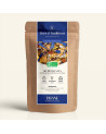 Wiederverschließbarer Kraftpapierbeutel mit Kräutertee Ayurveda Vata, Etikett in Marineblau und Gold von Thés & Traditions, mit 
