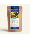 Wiederverschließbarer Kraftpapierbeutel mit Infusion du soir, dunkelblauem und goldenem Label von Thés & Traditions, Fenster zei