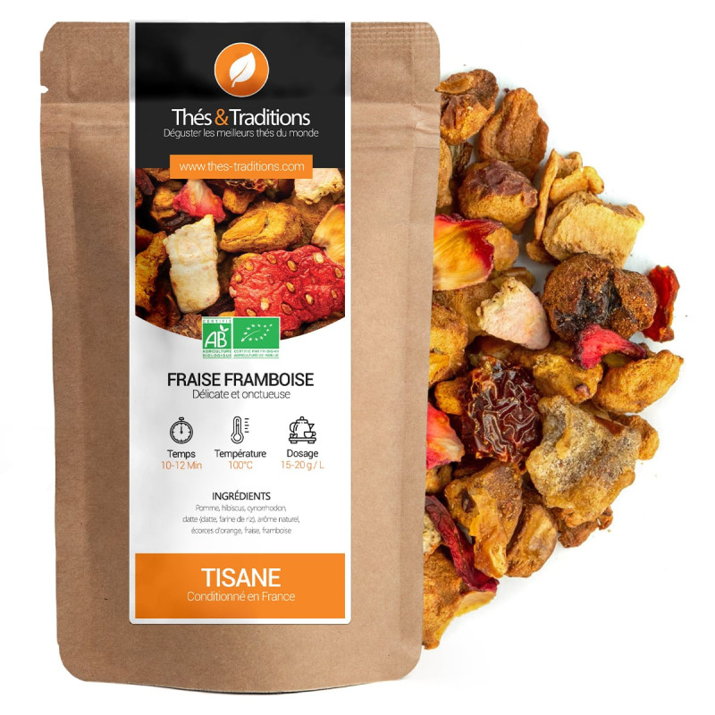 Organic strawberry raspberry herbal tea kraft bag with colorful dried fruit pieces