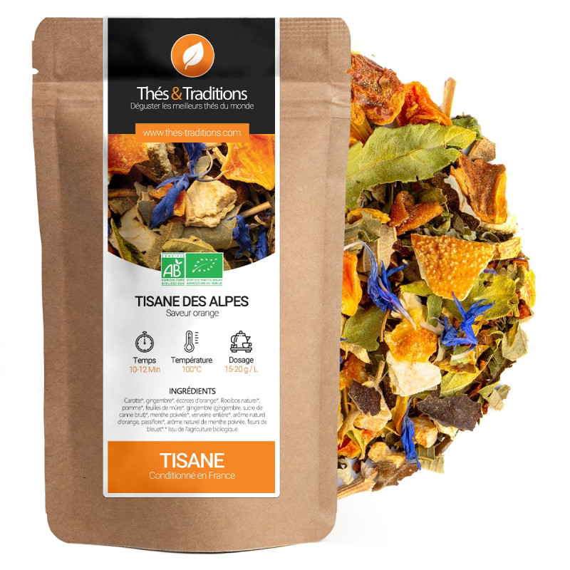 Tisana delle Alpi gusto arancia miscela di piante essiccate bio confezionata in Francia