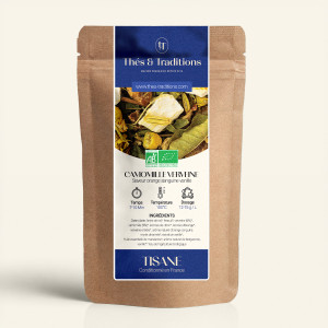 Wiederversiegelbarer Kraftpapierbeutel mit Kamille-Eisenkraut-Kräutertee, marineblauem und goldenem Etikett von Thés & Tradition