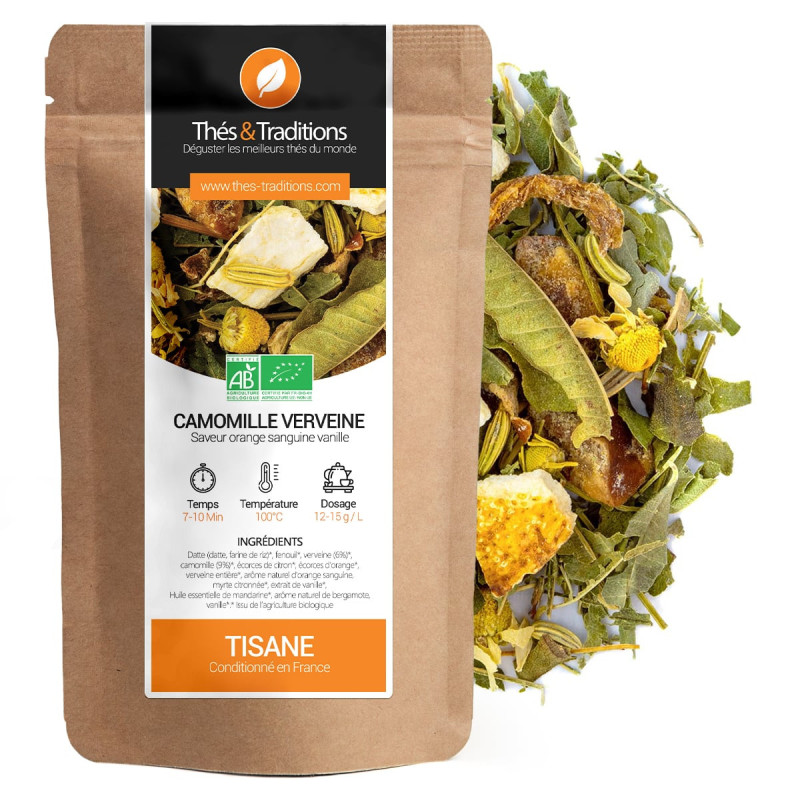 Tisana camomilla verbena bio gusto arancia rossa vaniglia sacchetto kraft e piante essiccate