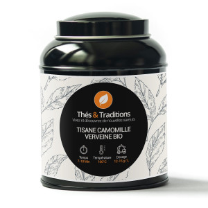 Organic chamomile verbena herbal tea box Thés et Traditions with preparation instructions