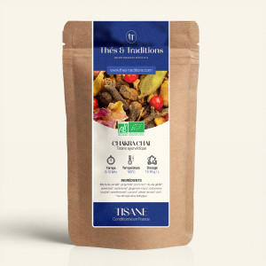 Wiederverschließbarer Kraftpapierbeutel mit Kräutertee Chakra Chai, dunkelblauem und goldenem Etikett von Thés & Traditions, Sic