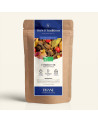 Wiederverschließbarer Kraftpapierbeutel mit Kräutertee Chakra Chai, dunkelblauem und goldenem Etikett von Thés & Traditions, Sic
