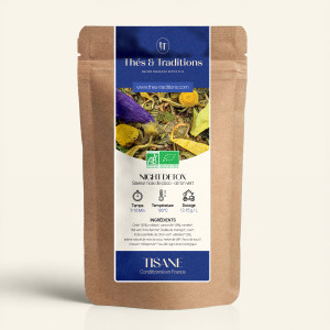 Verschließbarer Kraftpapierbeutel der Kräutertee Night Detox, dunkelblau-goldenem Etikett von Thés & Traditions, Fenster zeigt d