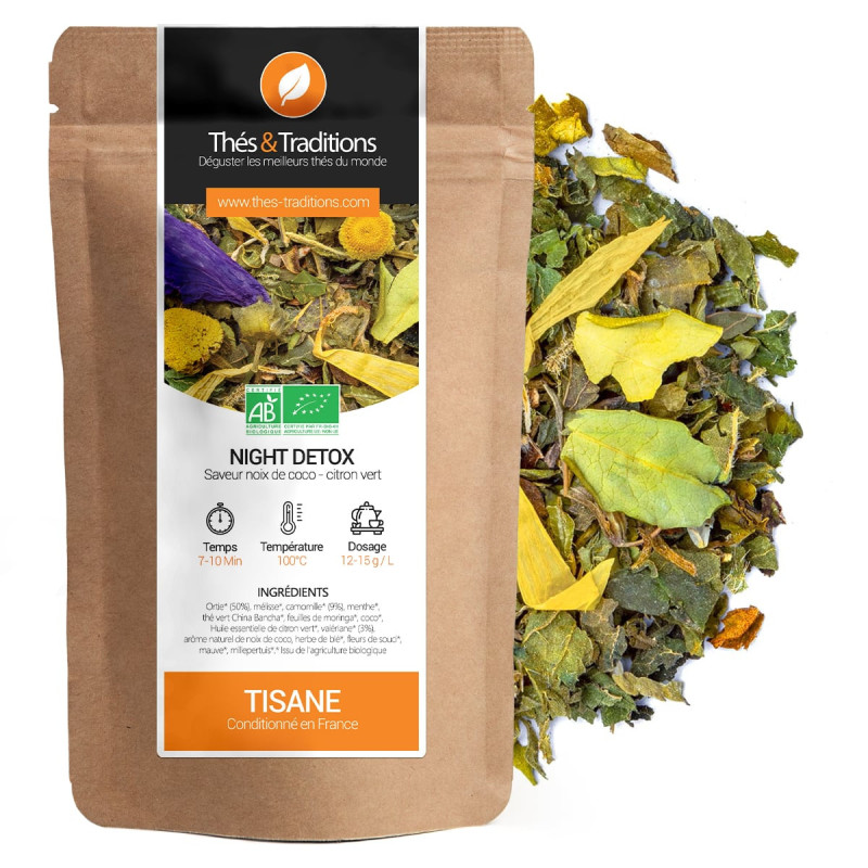 Tisane Night Detox Thés et Traditions sachet kraft feuilles et fleurs séchées bio saveur noix de coco citron vert
