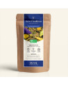 Verschließbarer Kraftpapierbeutel der Kräutertee Night Detox, dunkelblau-goldenem Etikett von Thés & Traditions, Fenster zeigt d