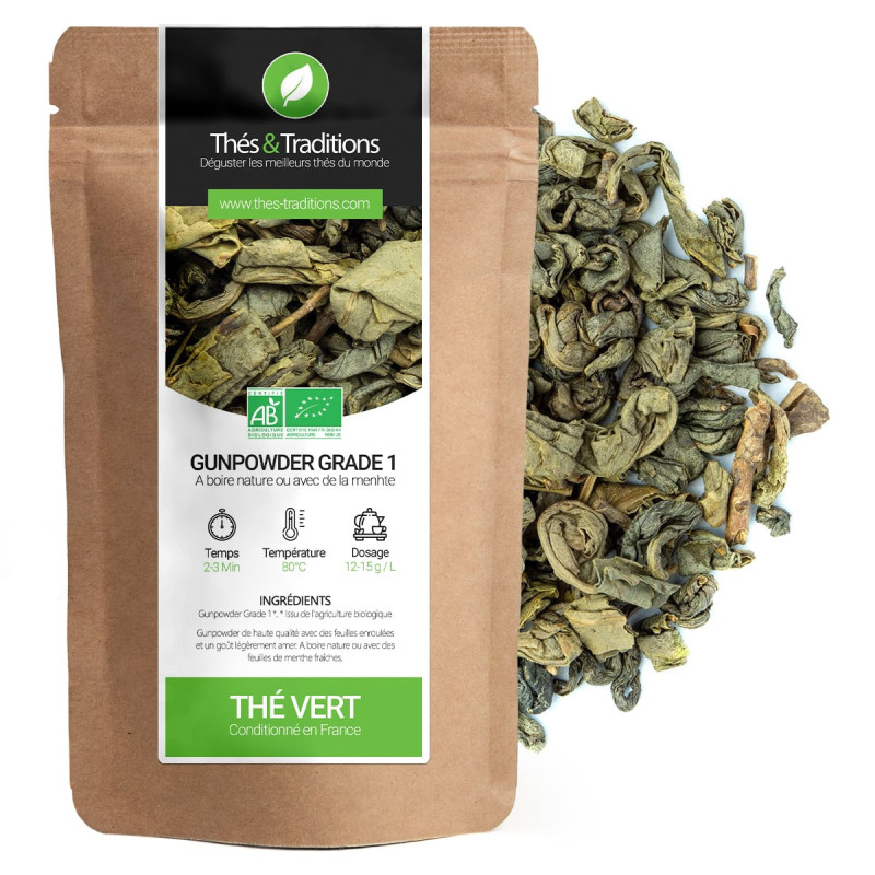 Groene thee Gunpowder Grade 1 in gerolde bladeren verpakt in ecologische kraft zak