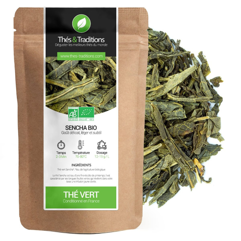 Biologische groene thee Sencha hele bladeren in kraft zak verpakt in Frankrijk