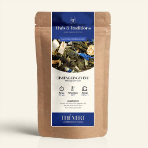 Wiederverschließbarer Kraftpapierbeutel mit grünem Tee Ginseng Ingwer, Etikett in Marineblau und Gold von Thés & Traditions, Fen