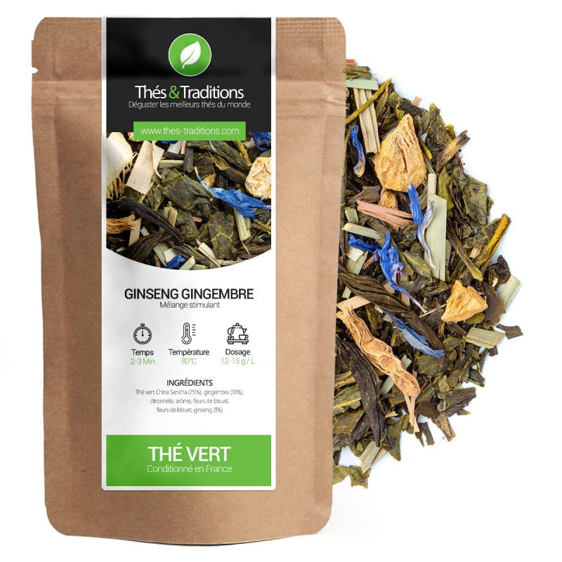 Tè verde ginseng zenzero miscela stimolante con fiori blu e pezzi di radice