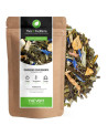 Ginseng ginger green tea stimulating blend with blue flowers and root pieces