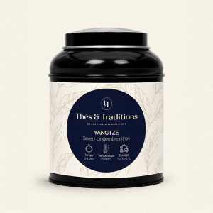 Runde schwarze Teedose von Grüntee Yangtze Thés & Traditions, cremefarbenes Etikett mit Blattmotiv und vergoldetem dunkelblauem 