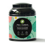 Scatola di tè verde fragola rabarbaro Thés et Traditions con illustrazioni di fragole e foglie verdi