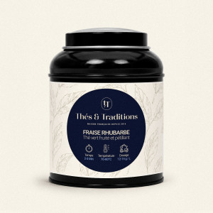 Runde schwarze Teedose mit Thés & Traditions Grüner Tee Erdbeere Rhabarber, cremefarbenes Etikett mit Blattmuster und blauem Med