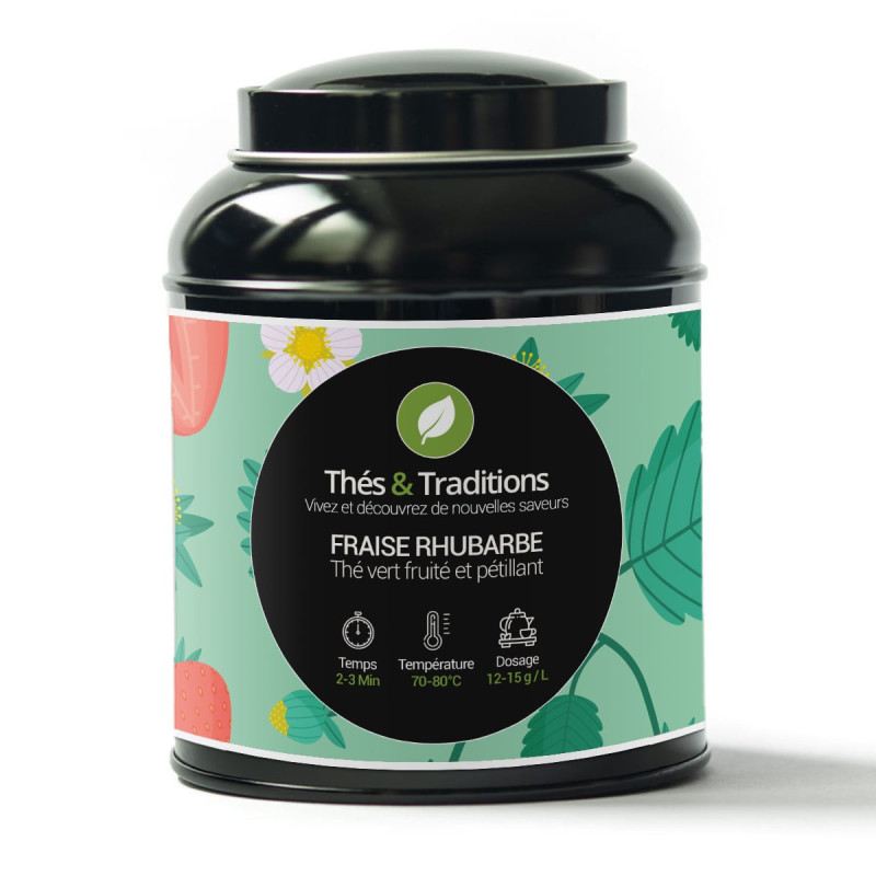 Strawberry rhubarb green tea tin Thés et Traditions with strawberry and green leaf illustrations