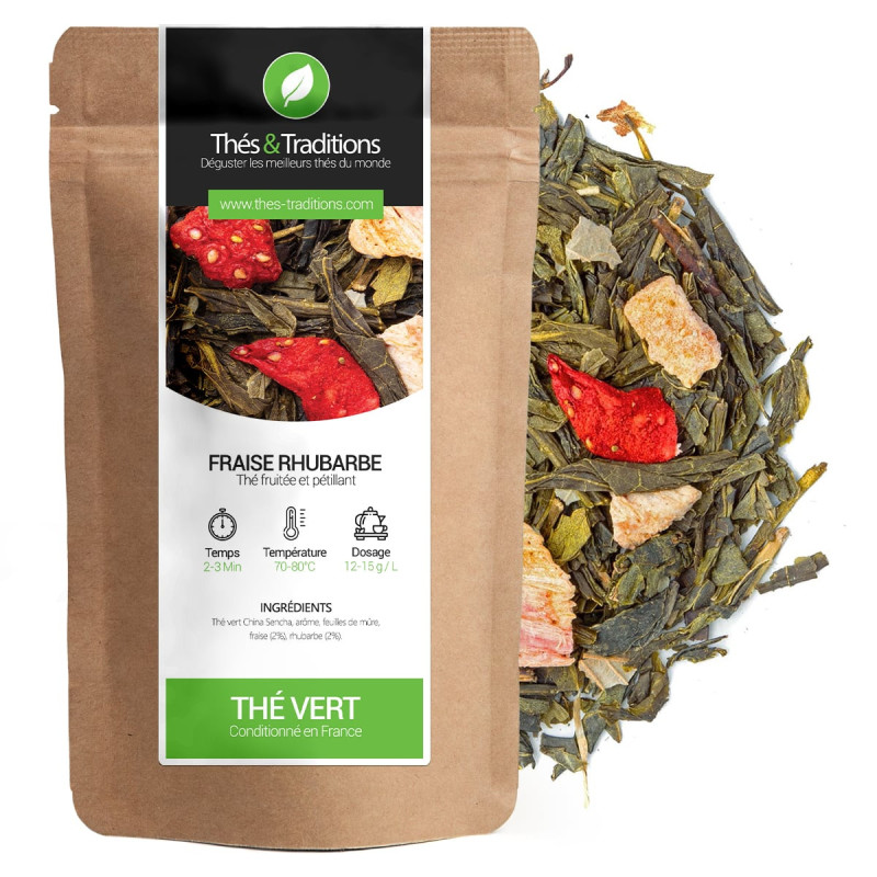 Strawberry rhubarb green tea kraft bag with visible strawberry and rhubarb pieces