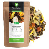 Tè verde mango ghiacciato bio sacchetto kraft con foglie di tè e pezzi di mango essiccato