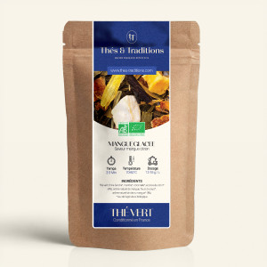 Wiederverschließbarer Kraftpapierbeutel mit Thés & Traditions Grüntee Gefrorene Mango, dunkelblauem und goldenem Etikett, Fenste