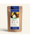 Wiederverschließbarer Kraftpapierbeutel mit Thés & Traditions Grüntee Gefrorene Mango, dunkelblauem und goldenem Etikett, Fenste