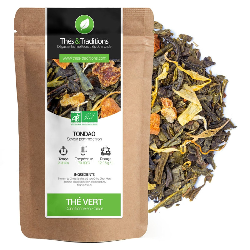 Thé Vert Tondao saveur pomme citron en sachet kraft avec feuilles de thé vert et fleurs séchées bio