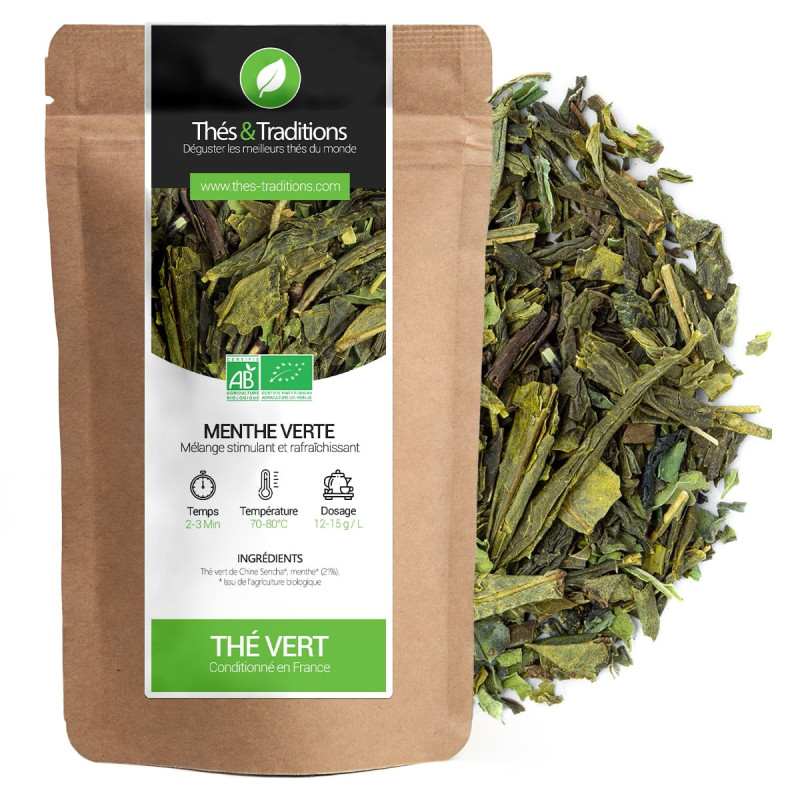 Thé vert menthe verte feuilles bio en vrac sachet kraft conditionné en France